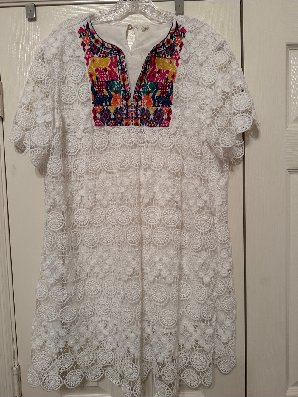 White Lace Tunic with Multicolor Embroidered Yoke Sz XXL
